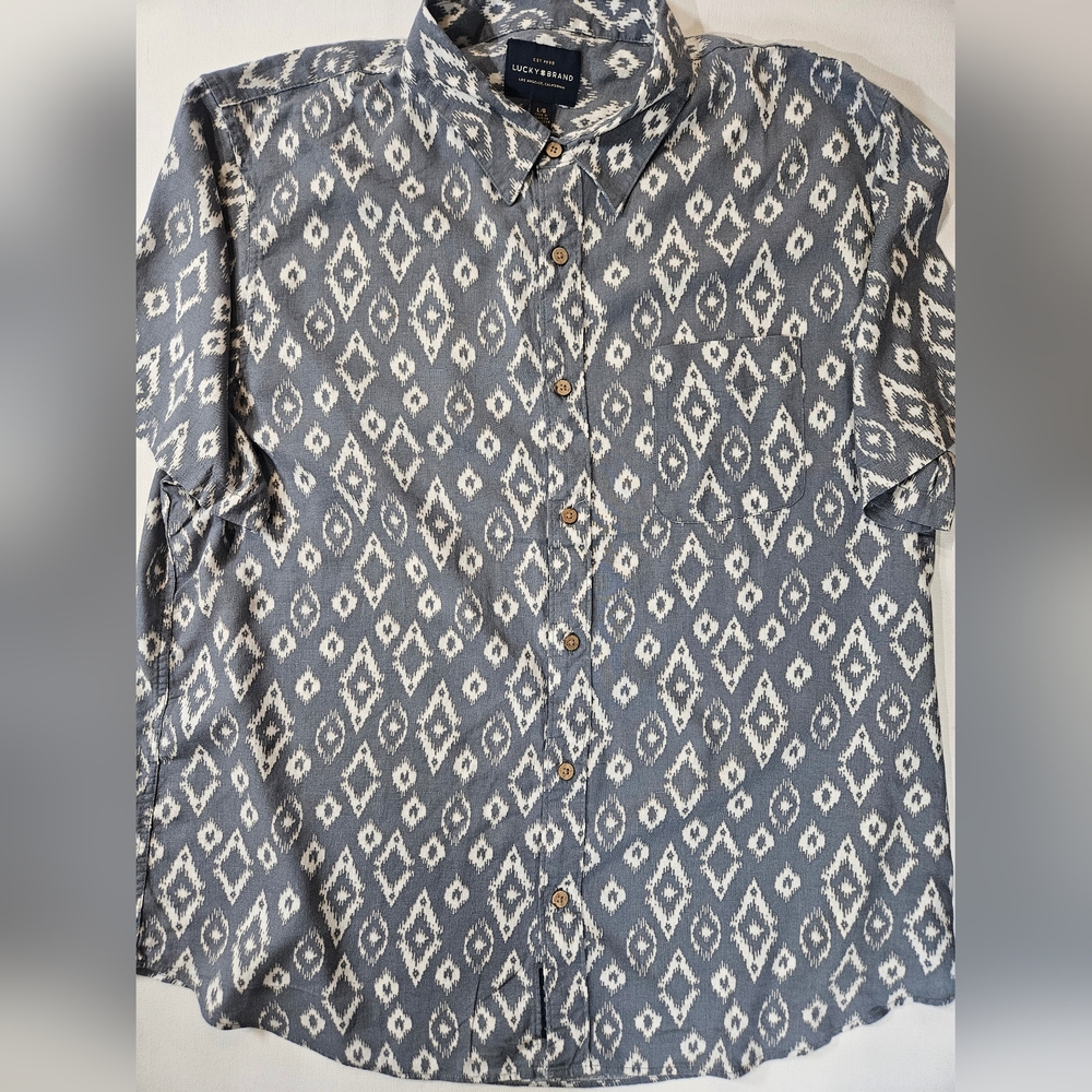 Lucky Brand Mens Button Down Shirt Large Grey White Geometric Casual‎ Comfort